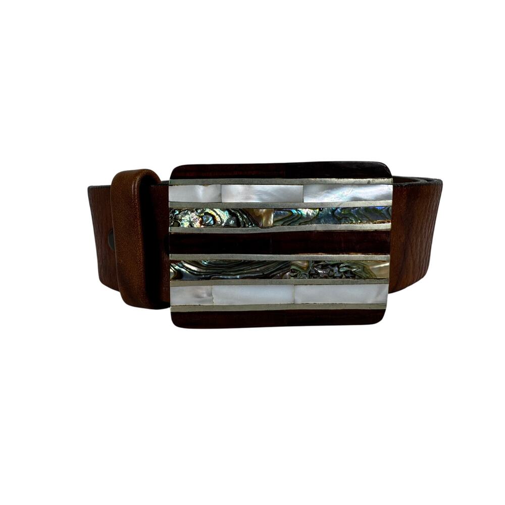 Vintage Collectible Wood Abalone Inlaid Rectangle Buckle belt leather size 42